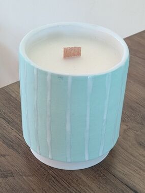 Handmade Ceramic Mint Stripe Hand-poured Scented Candle Coastal
